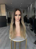SORAYA HD LACE FRONTAL HUMAN HAIR WIG ASH BLONDE ROOT BALAYAGE WITH BLONDE ENDS