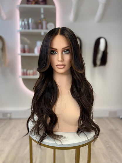 Serena - HD lace frontal human hair wig |dark chocolate brown with caramel highlights -glueless