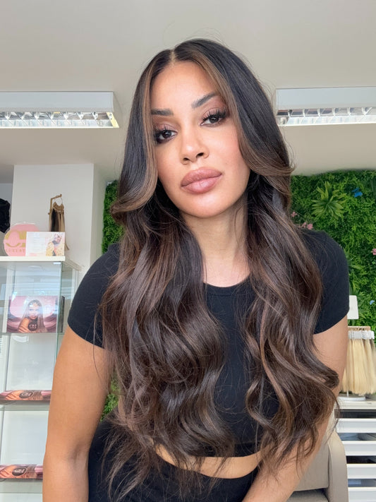 Serena - HD lace frontal human hair wig |dark chocolate brown with caramel highlights -glueless