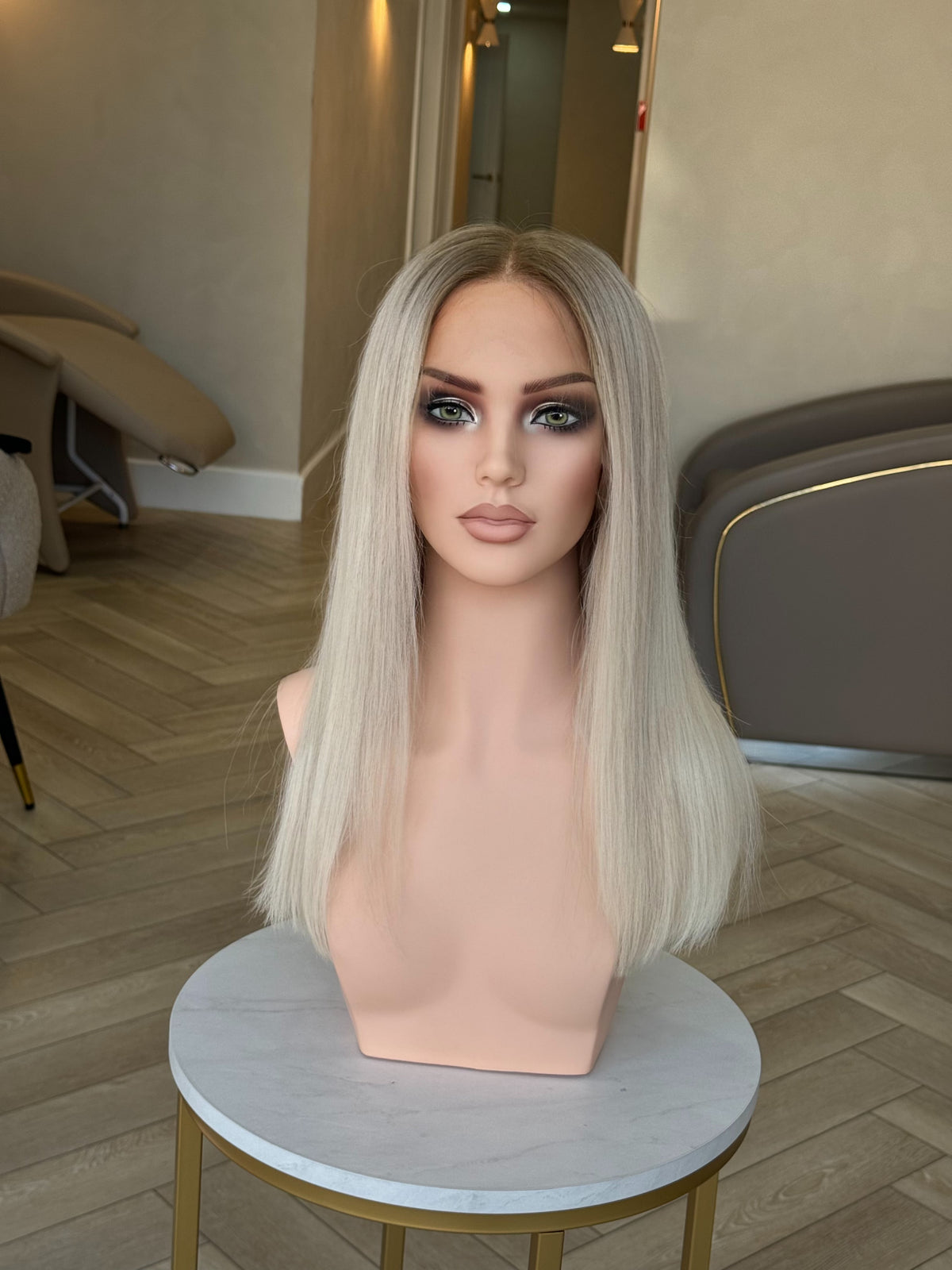 KHLOE WIG Ready to Ship Ice Platinum Blonde Lace Front Wig – 100% Raw Human Hair, 14 Inches, 150% Density, Bleached Knots, Glueless, Tangle-Free