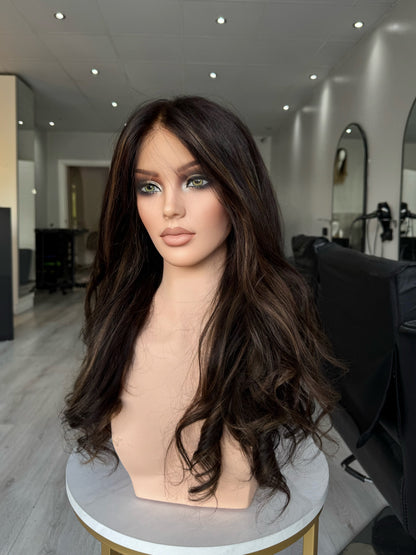 Zareen HD Lace Frontal Human Hair Wig |dark chocolate brown with blonde highlights -Glueless