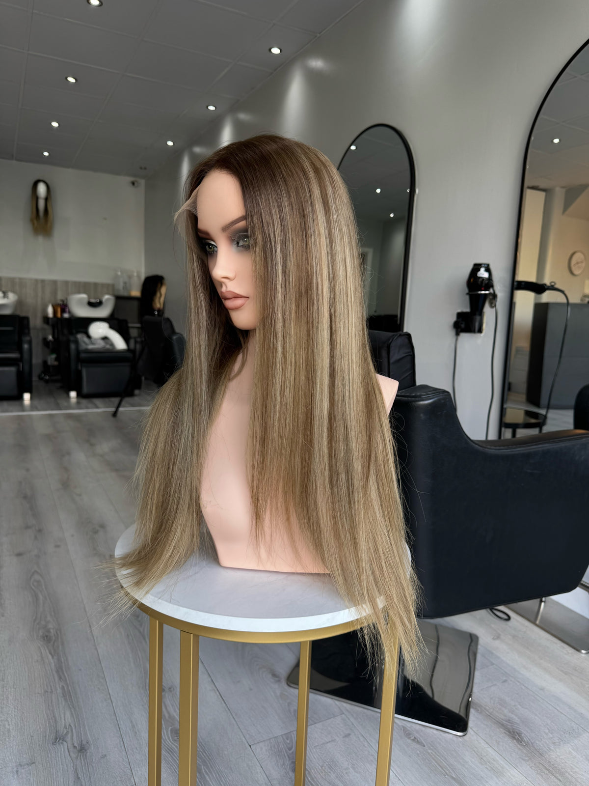 Seraphina HD lace frontal human hair wig warm blonde root balayage