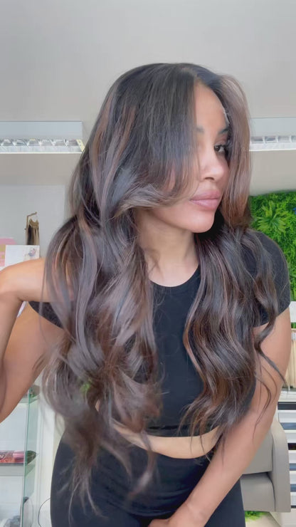 Serena - HD lace frontal human hair wig |dark chocolate brown with caramel highlights -glueless